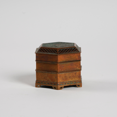 A Chinese Qing dynasty hexagonal three-tiered bronze incense diffuser