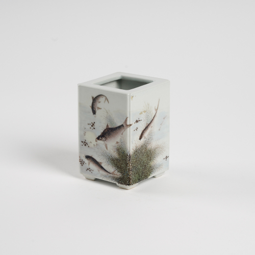 A small Chinese 20C grisaille-decorated square brush holder