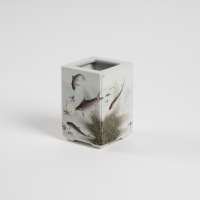 A small Chinese 20C grisaille-decorated square brush holder