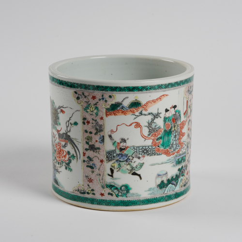 A Chinese Qing dynasty wucai 'figural' brush pot