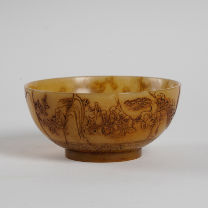 A Chinese late Qing dynasty carved soapstone ' Eighteen Arhats ' large bowl (Kangxi mark)