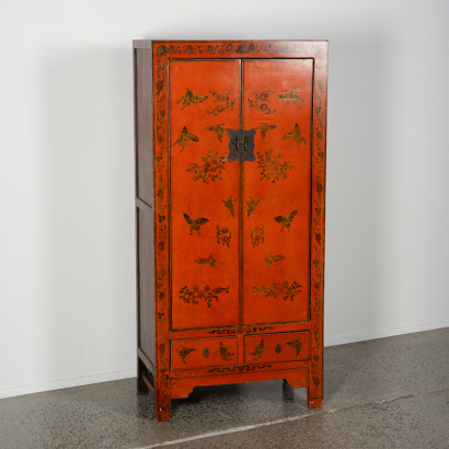 A Chinese Qing dynasty old wooden red lacquer large cabinet