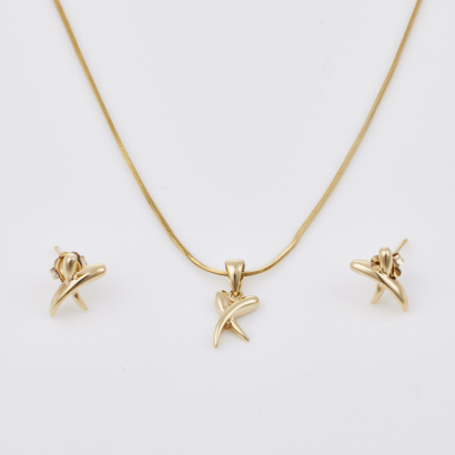 9ct Yellow Gold, 'X' Earrings and Necklace Set