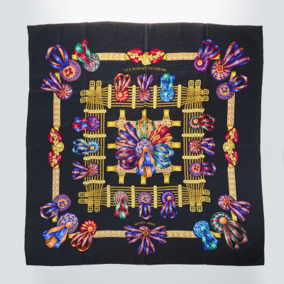 Hermès, Black Les Rubans Du Cheval 100% Silk Scarf