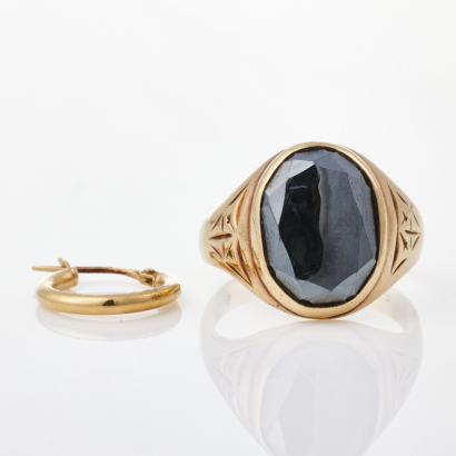 9ct Yellow Gold, Hematite Ring and Single 9ct Gold Hoop