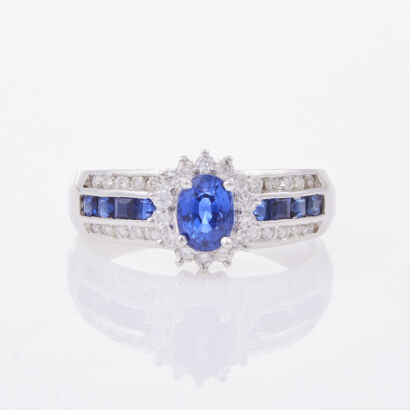 18ct White Gold, .78ct Blue Sapphire / .34ct Diamond Cluster Ring