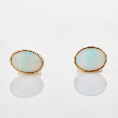 9ct Yellow Gold, Oval Cabochon Cut Opal Earrings