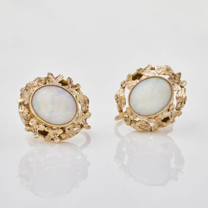 9ct Yellow Gold, Oval Caobchon Cut Opal Earrings