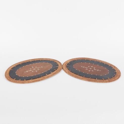 A Pair Of Timber Trivets With Rattan and Shell Detailing