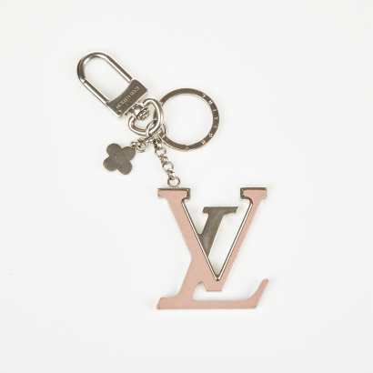 Louis Vuitton Silver Tone & Pink Leather Keychain with Box