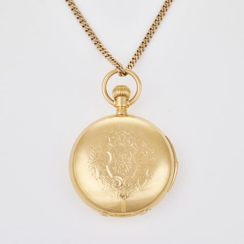 18ct Yellow Gold, Antique Grand Jean Pocket Watch. 14ct Yellow Gold Fob Chain with Original Box and Papers