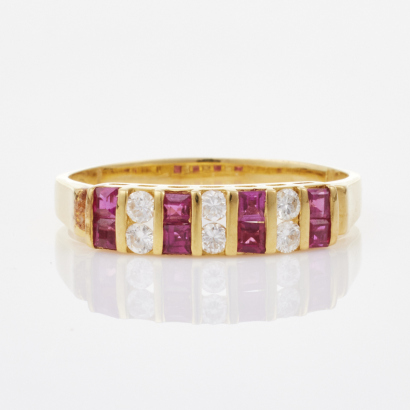 18ct Yellow Gold, Channel set Ruby and Diamond Dress Ring