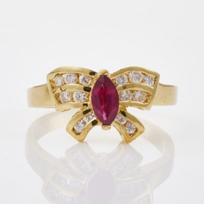 18ct Yellow Gold, Marquis cut Ruby and Diamond Ring