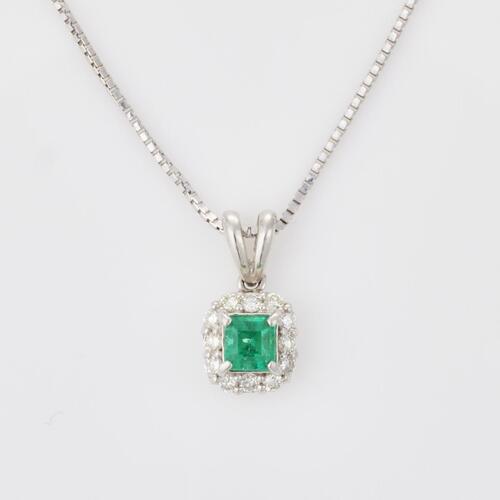 Platinum, Modern, .23ct Emerald / .12ct Diamond Necklace