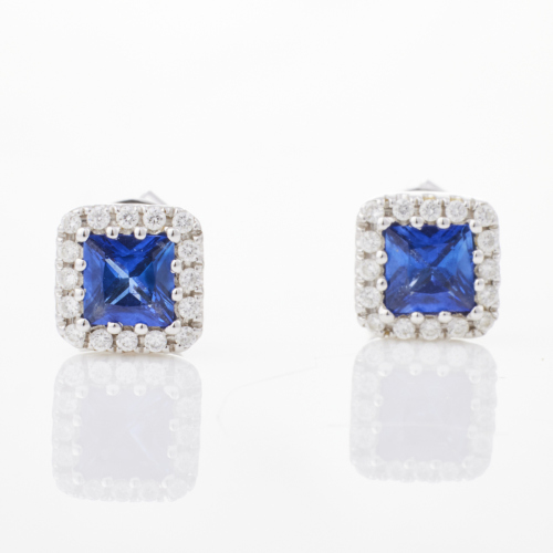 18ct White Gold, 1.04ct Sapphire / .18ct Diamond Stud Earrrings