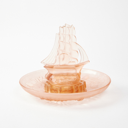 An Art Deco Walther & Sohne Frosted Pink Glass Segelboot