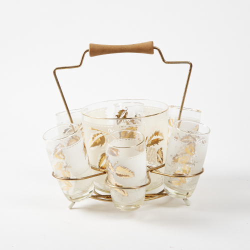 A Set Of Six Mid Century Frosted Glass And Gold Glasses With Ice Bucket And Carrier