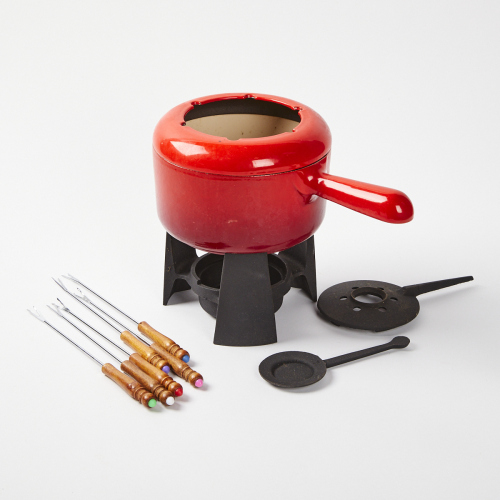 A French Red Enamel Cast Iron Fondue Set In Box