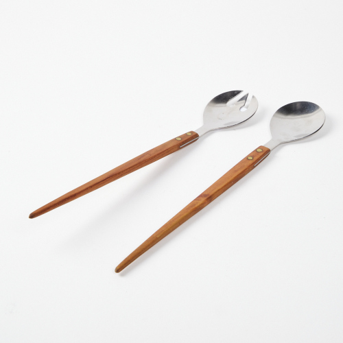 A Pair of Mid-Century Stainless Steel, Wood, and Brass Salad Servers