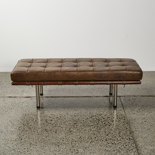 A Brown Leather Barcelona Style Bench