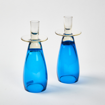 A Pair Of Conical Hand Blown Glass Candle Holders