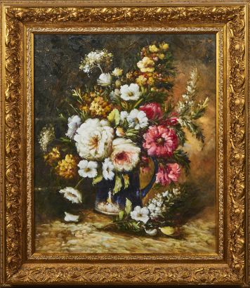 A Floral Still Life With Ornate Frame