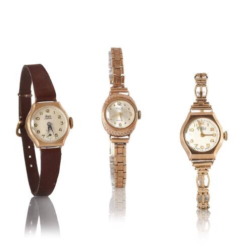 Three Ladies' Gold Swiss Wristwatches