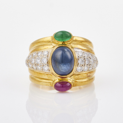 18ct Yellow Gold, Sapphire, Ruby, Emerald and Diamond Ring