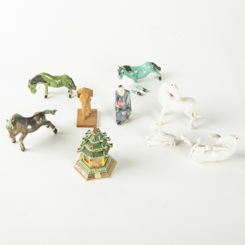 A group of nine Chinese porcelain horse, pagoda, figure - The Collection of John Perry's Asian Art