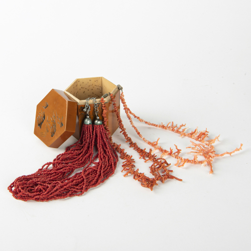 Three strands of coral and old red glass bead necklaces - The Collection of John Perry's Asian Art