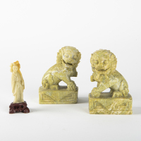 A pair of Chinese jade carved lions + soap stone carved lady ornament