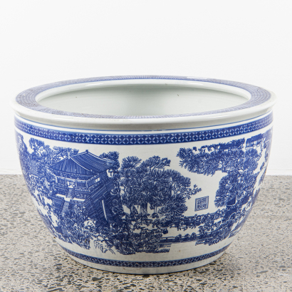 A Chinese blue and white ' Qing Ming Shang He Tu' jardiniere