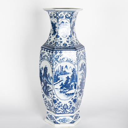 A Chinese blue and white 'landscape' hexagonal vase