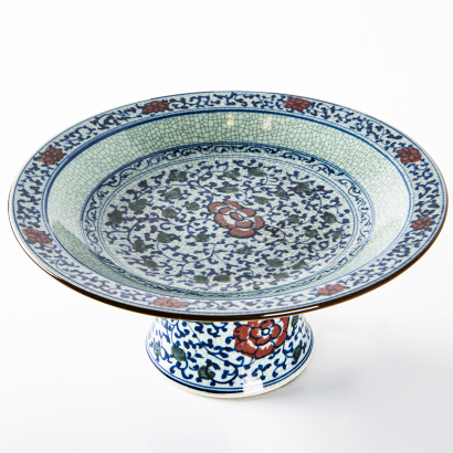 A Chinese copper-red blue and white 'floral' high-footed tray