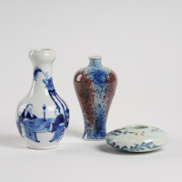 Chinese Qing dynasty blur and white 'figural' garlic-mouth vase +copper-red vase+blue and white water pot