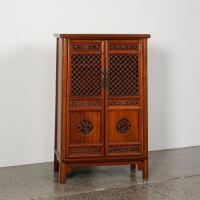 A Chinese old hardwood carved double door round corner cabinet