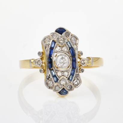 18ct Yellow / White Gold, Art Deco Sapphire and Diamond Ring