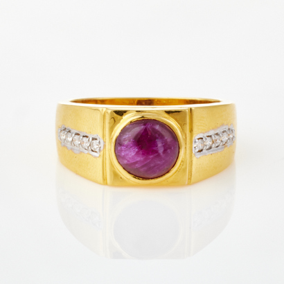 18ct Yellow Gold, Round Cabochon Ruby and .12ct Diamond Ring