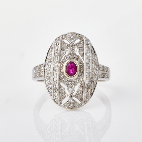 18ct White Gold, Art Deco Style, .17ct Ruby / .30ct Diamond Ring