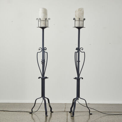 A Pair of English Wrought Iron Floor Lamps with Murano Shades