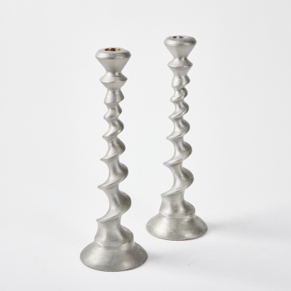 A Pair Of Cast Aluminium Spiral Candleholders