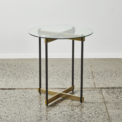 A Modern Design Side Table in Black & Gold with Circular Glass Top