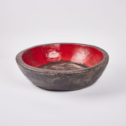 A Large Wood Serving Bowl with Red Interior