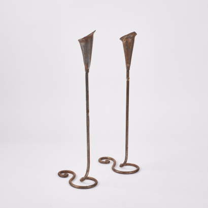 A Pair Of Artisan Forged Wrought Iron Lily Candlesticks