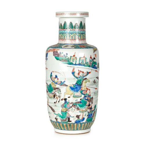 A Famille Verte Stick Shaped Vase with war sence