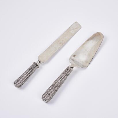 A Wire Basket Weave Cake Knife and Slice Set