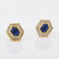 18ct Yellow Gold, .80ct Sapphire /.18 ct Diamond Hexagon Cluster Stud Earrings