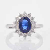 18ct White Gold,1.38cts Blue Sapphire / .50ct Diamond Cluster Ring