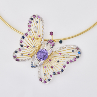 14ct Yellow / White Gold, Butterfly Brooch/Pendant on 18ct Yellow Gold Wire