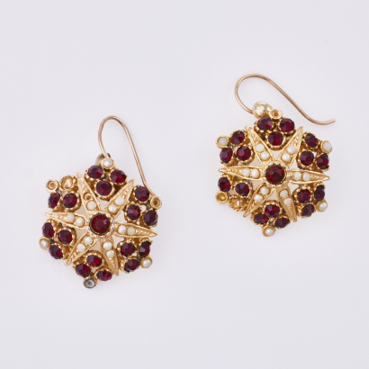 Gold-tone, Vintage, Seed Pearl / Red Stone Earrings